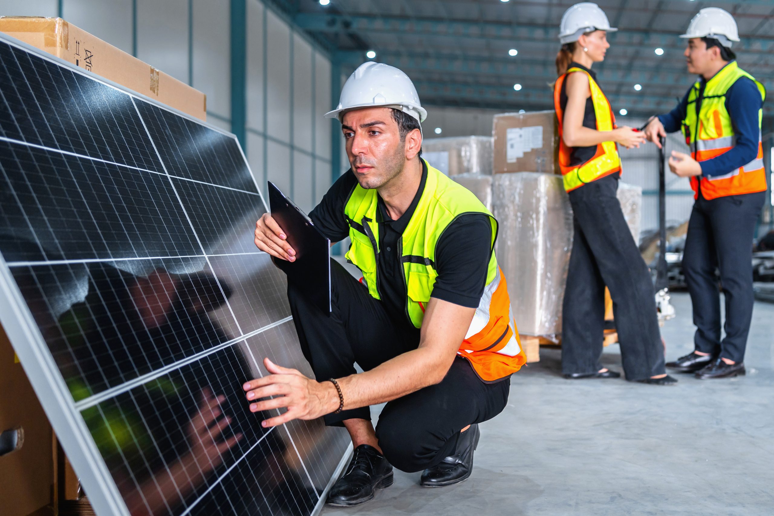 man in a yellow vest is looking at a solar panel. He is wearing a hard hat